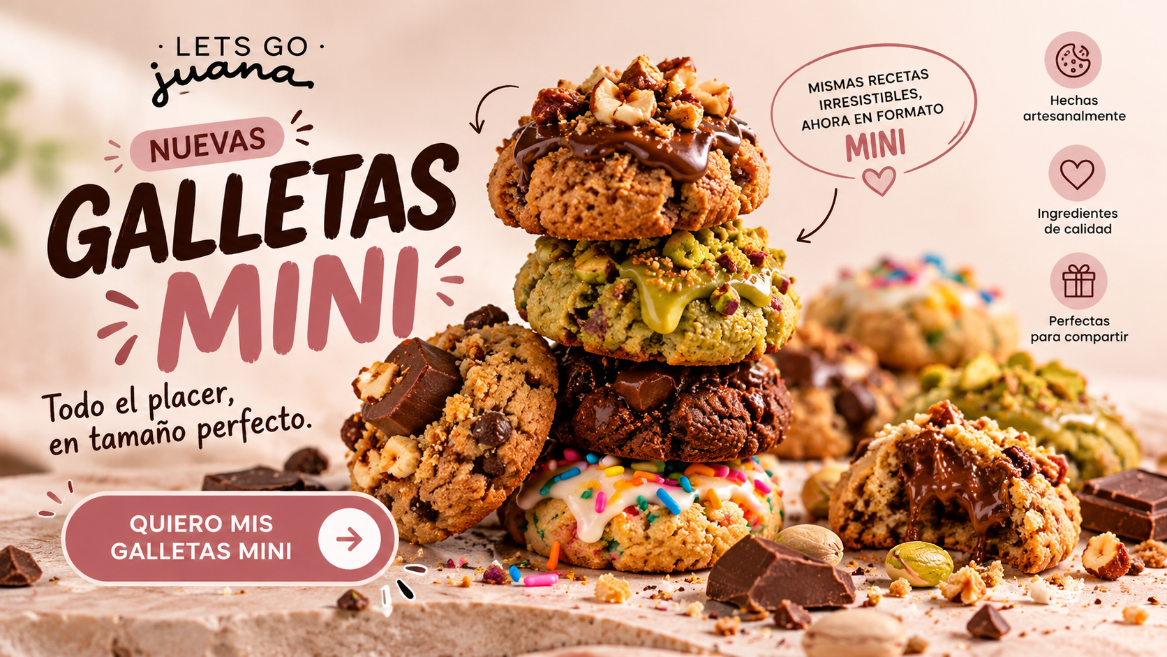 Banner de galletas mini de Let's Go Juana: mismas recetas irresistibles ahora en formato mini. Toca para ir al catálogo.