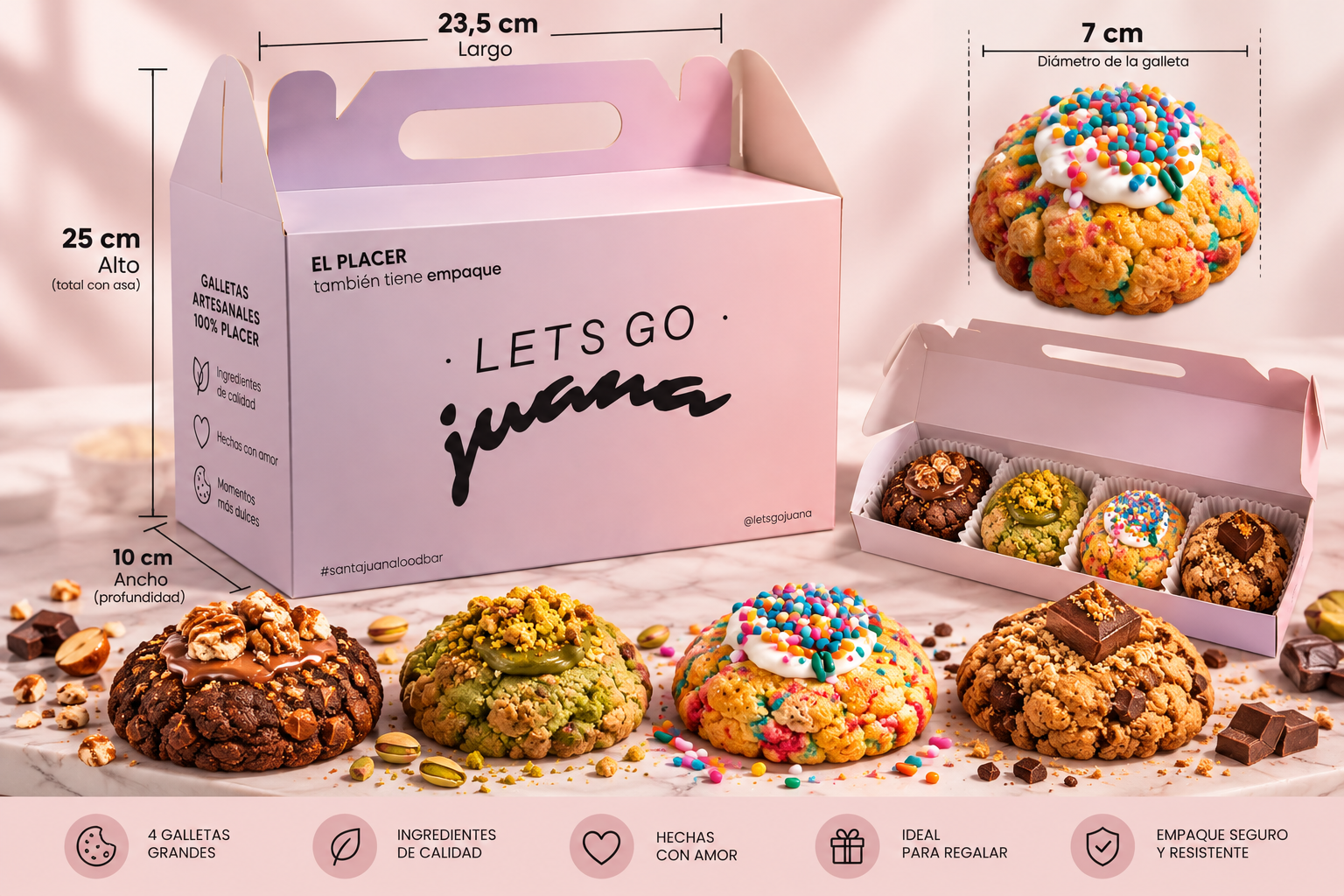 Caja de Let's Go Juana con 4 galletas gigantes, medidas del empaque